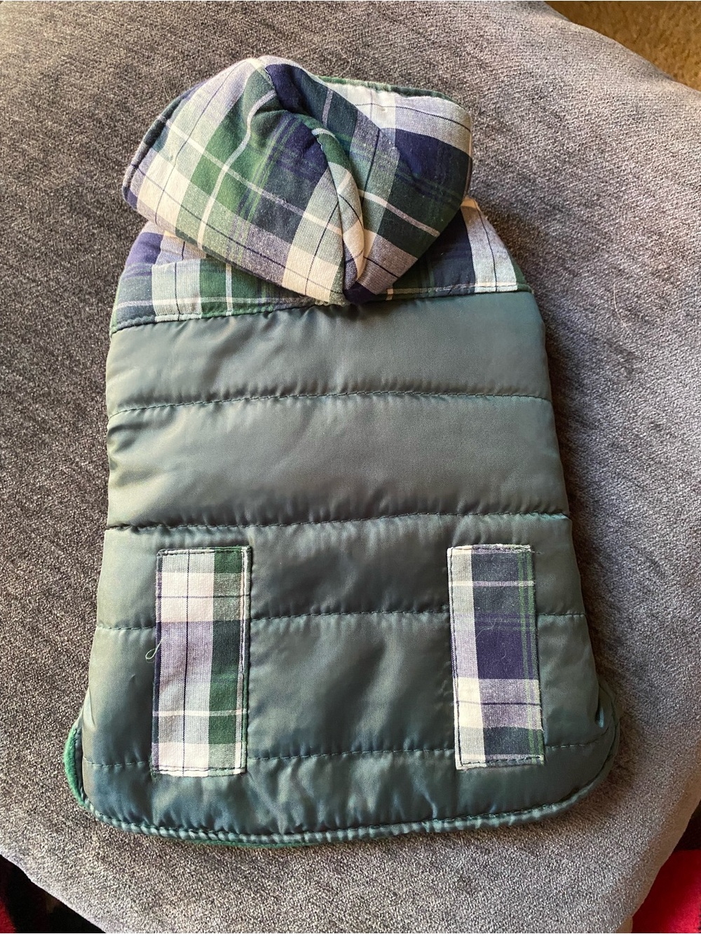 Dog Plaid Hooded Puffer Jacket - Green